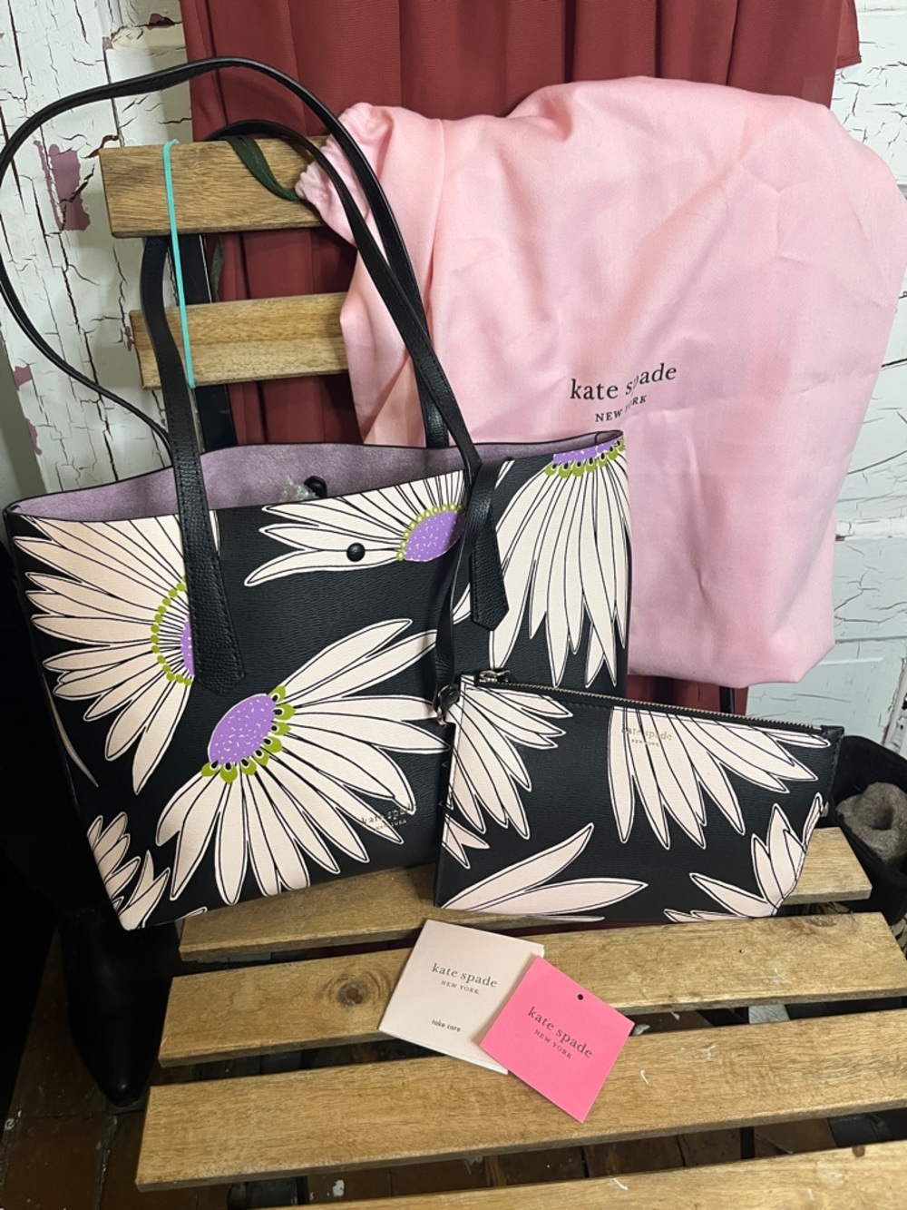 NEW kate spade black floral tote pink & purple daisy accent MOLLY Falling Flower